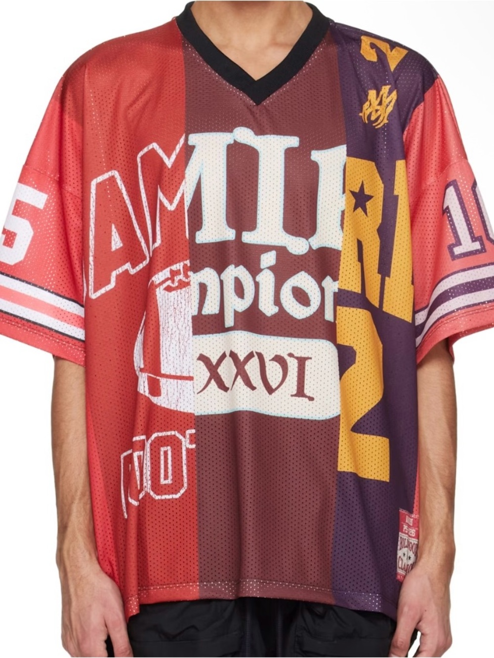 AMIRI Multi‑Color Split Cropped Graphic Jersey Tee — Red, Pink, Purple, Gold